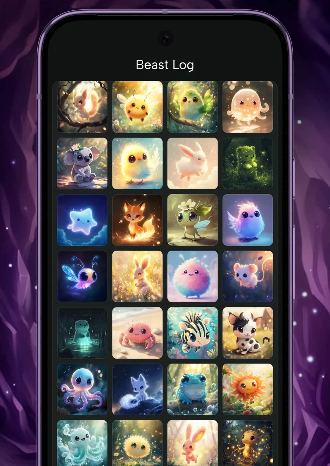 The Beast Log in Steps and Beasts, a grid of collected Beast artwork including birds, foxes, jellyfish and dragons