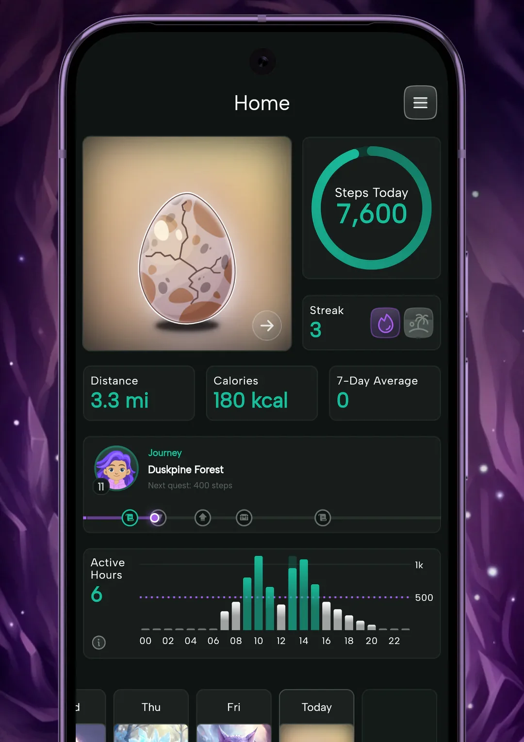 Steps and Beasts home screen showing today's egg, a step ring at 7,600 steps, a 3-day streak, distance, calories, 7-day average, and an hourly activity chart