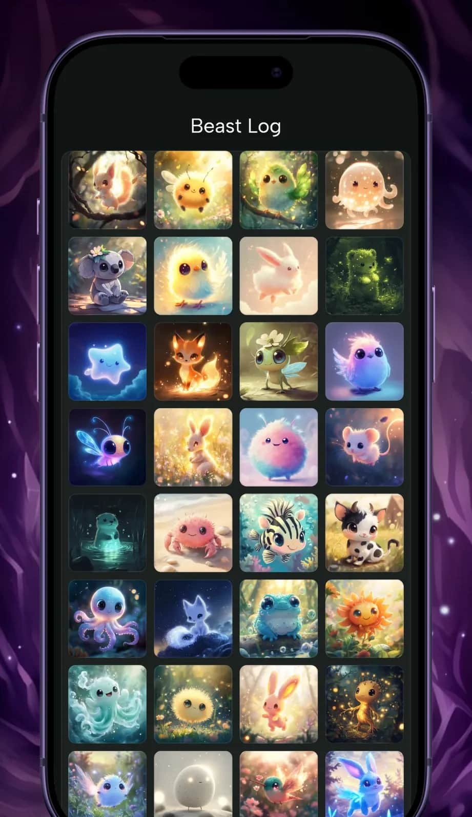 The Beast Log on iPhone, a four-column grid of collected Beast artwork including birds, foxes, jellyfish and dragons