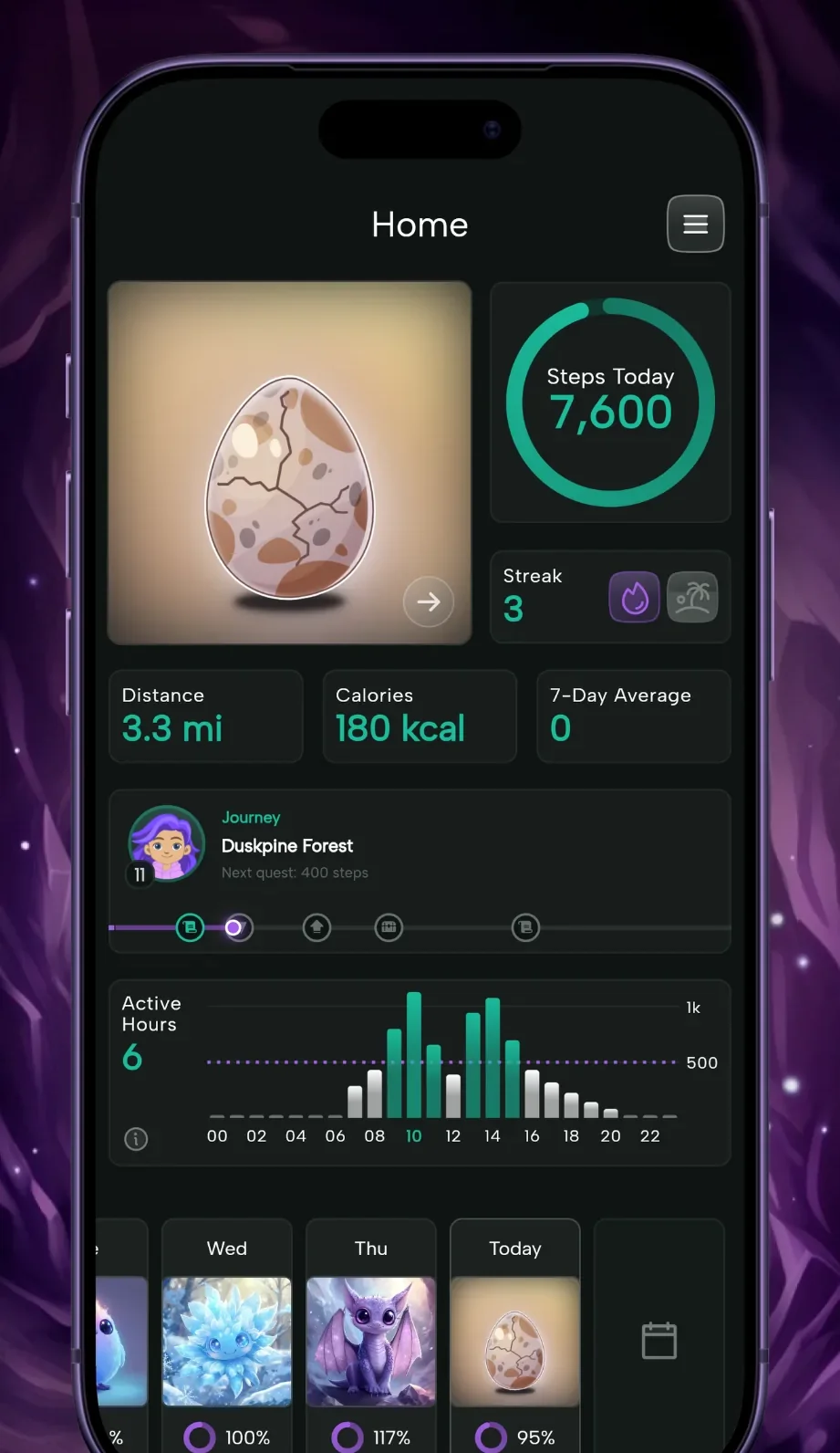 Steps and Beasts home screen on iPhone showing today's egg, a step ring at 7,600 steps, a 3-day streak, distance, calories, 7-day average, and an hourly activity chart