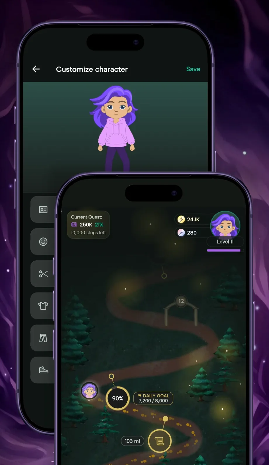 Steps and Beasts on iPhone: a forest journey map with quest progress, in front of the character customization screen