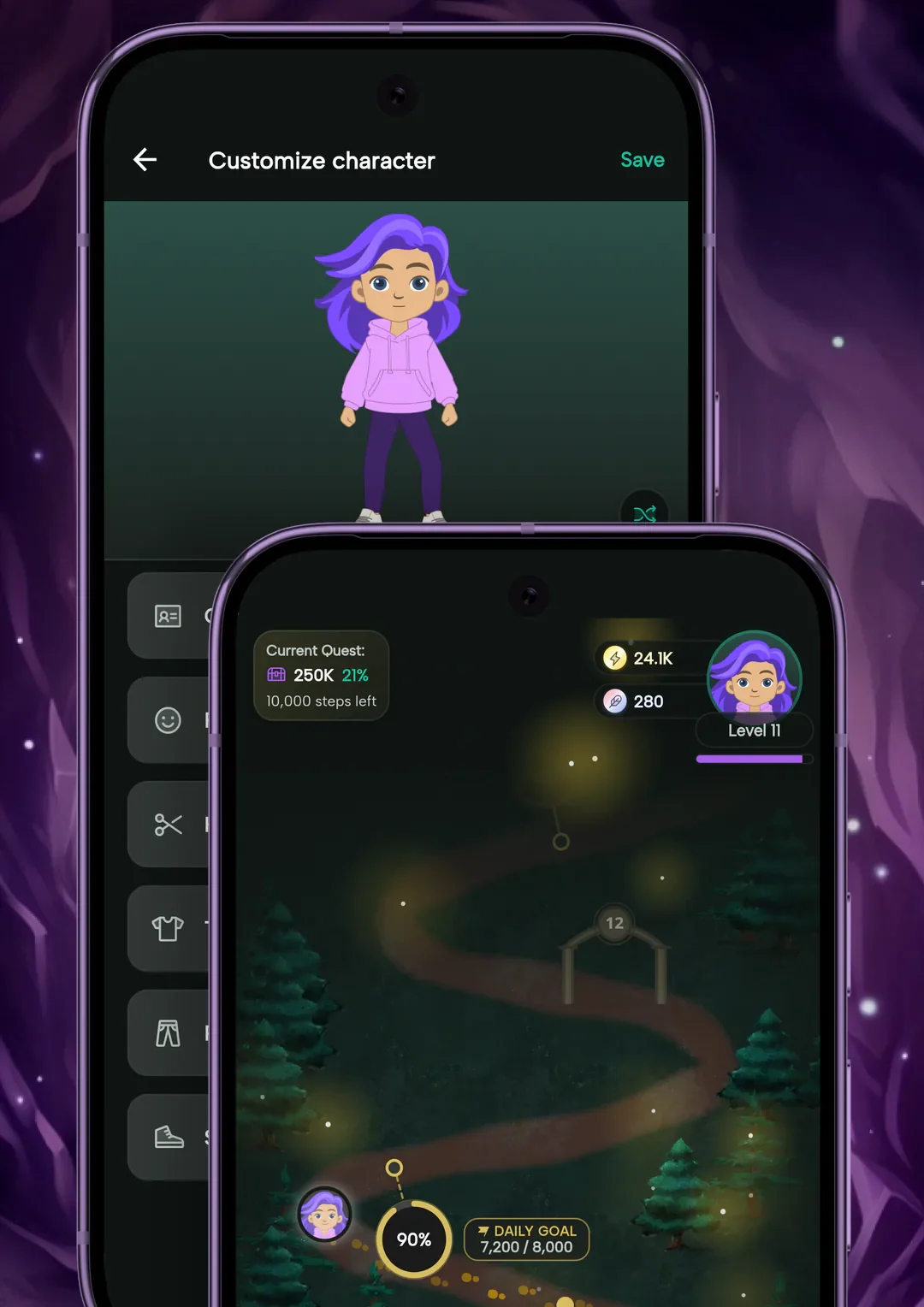 Steps and Beasts journey map with a lit walking path and quest progress, next to the character customization screen