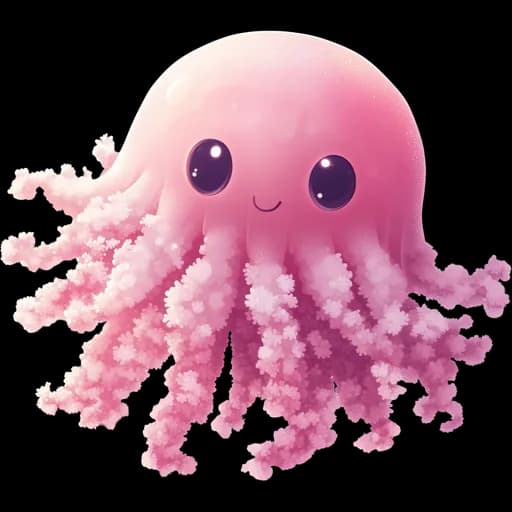 Beast artwork of a smiling pink jellyfish with frilled tentacles