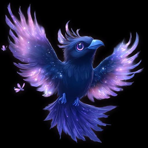 Beast artwork of a deep blue raven with star-speckled violet wings