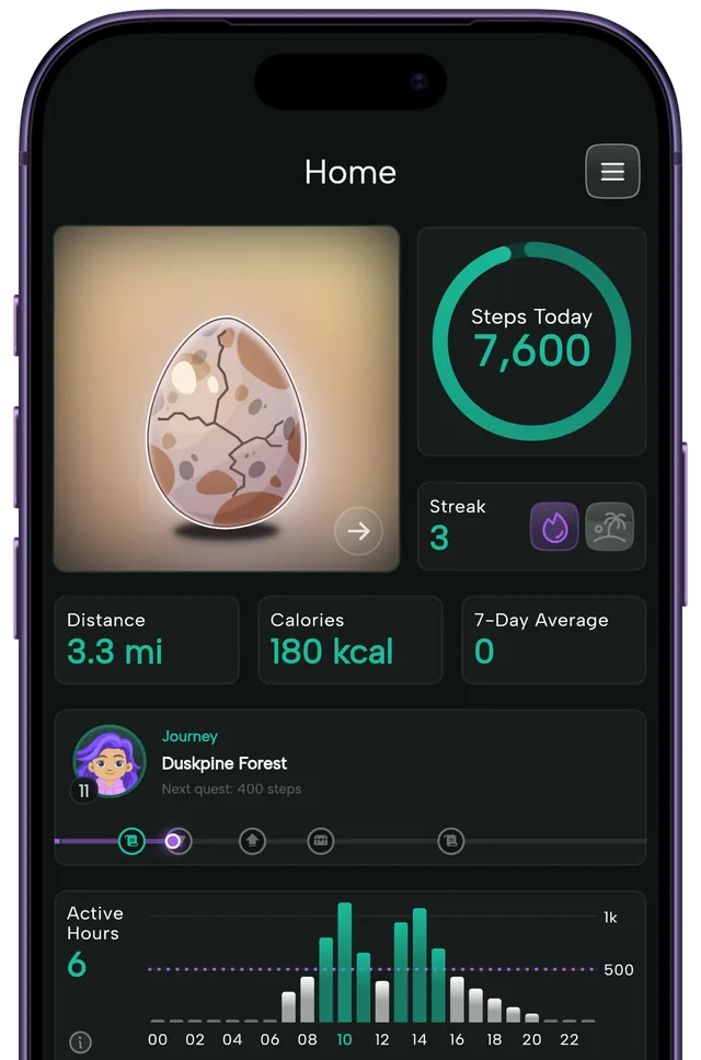 Steps and Beasts home screen on iPhone with today's egg, 7,600 steps, a 3-day streak and the Duskpine Forest journey