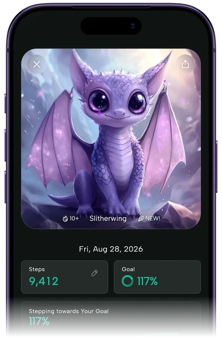 Steps and Beasts on iPhone, showing a newly hatched violet Slitherwing Beast above 9,412 steps and 117 percent of the daily goal