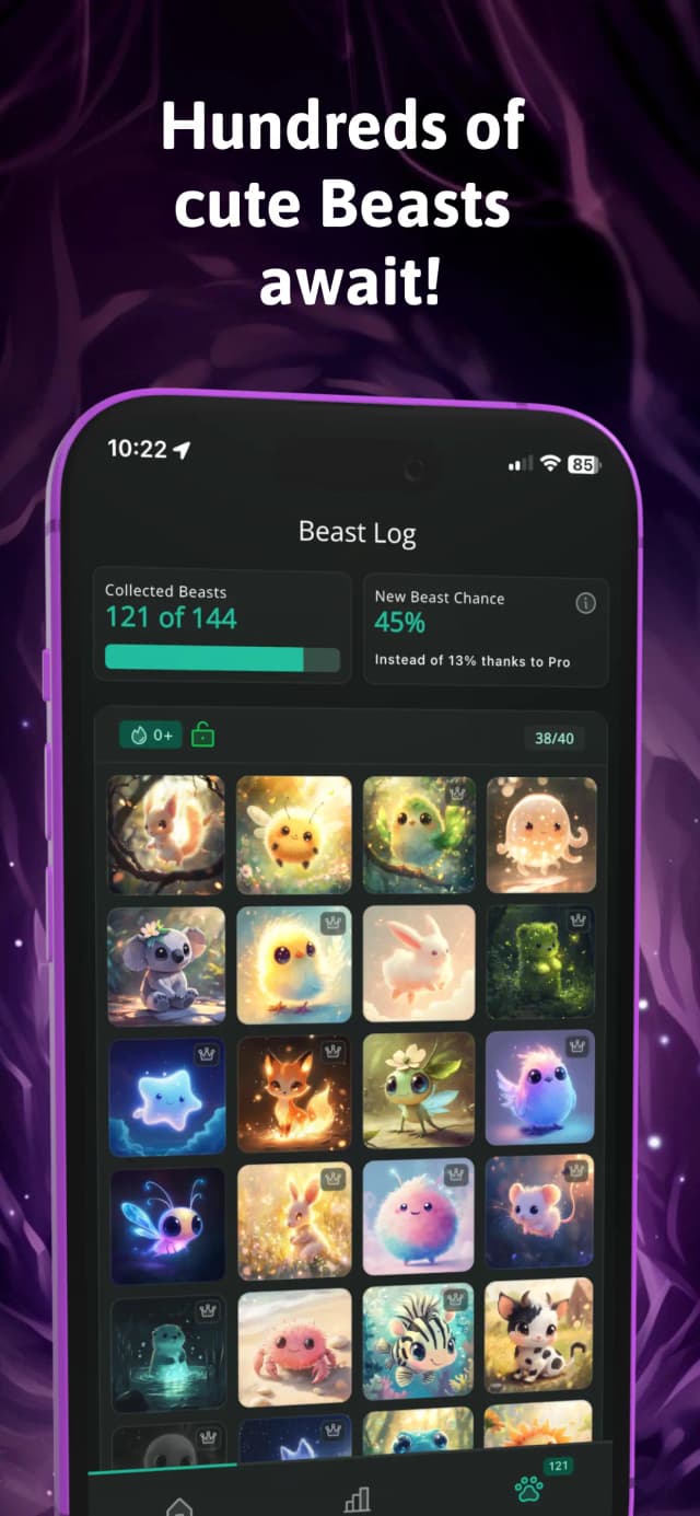 screenshot with text: hundreds of happy beasts await