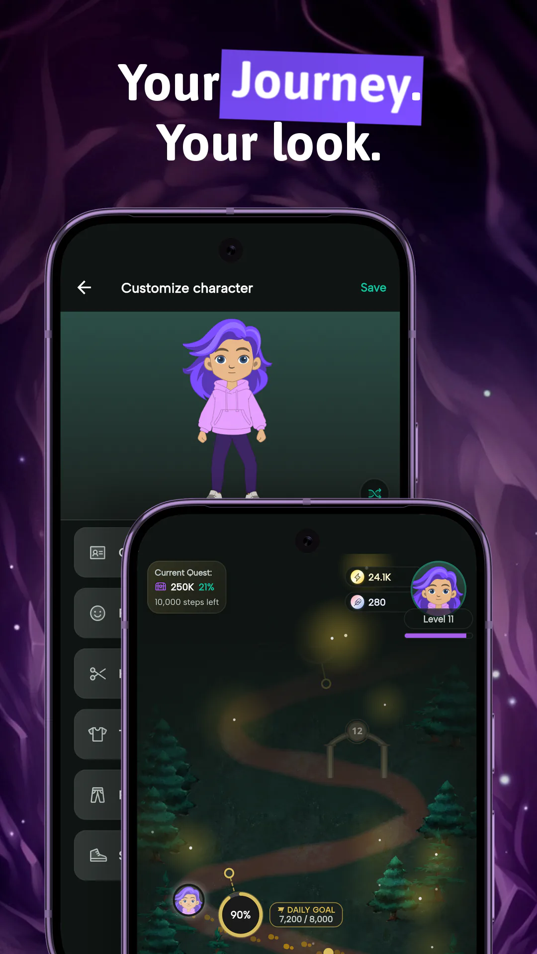 Two overlapping phones under Your Journey. Your look. showing character customization and the forest journey map