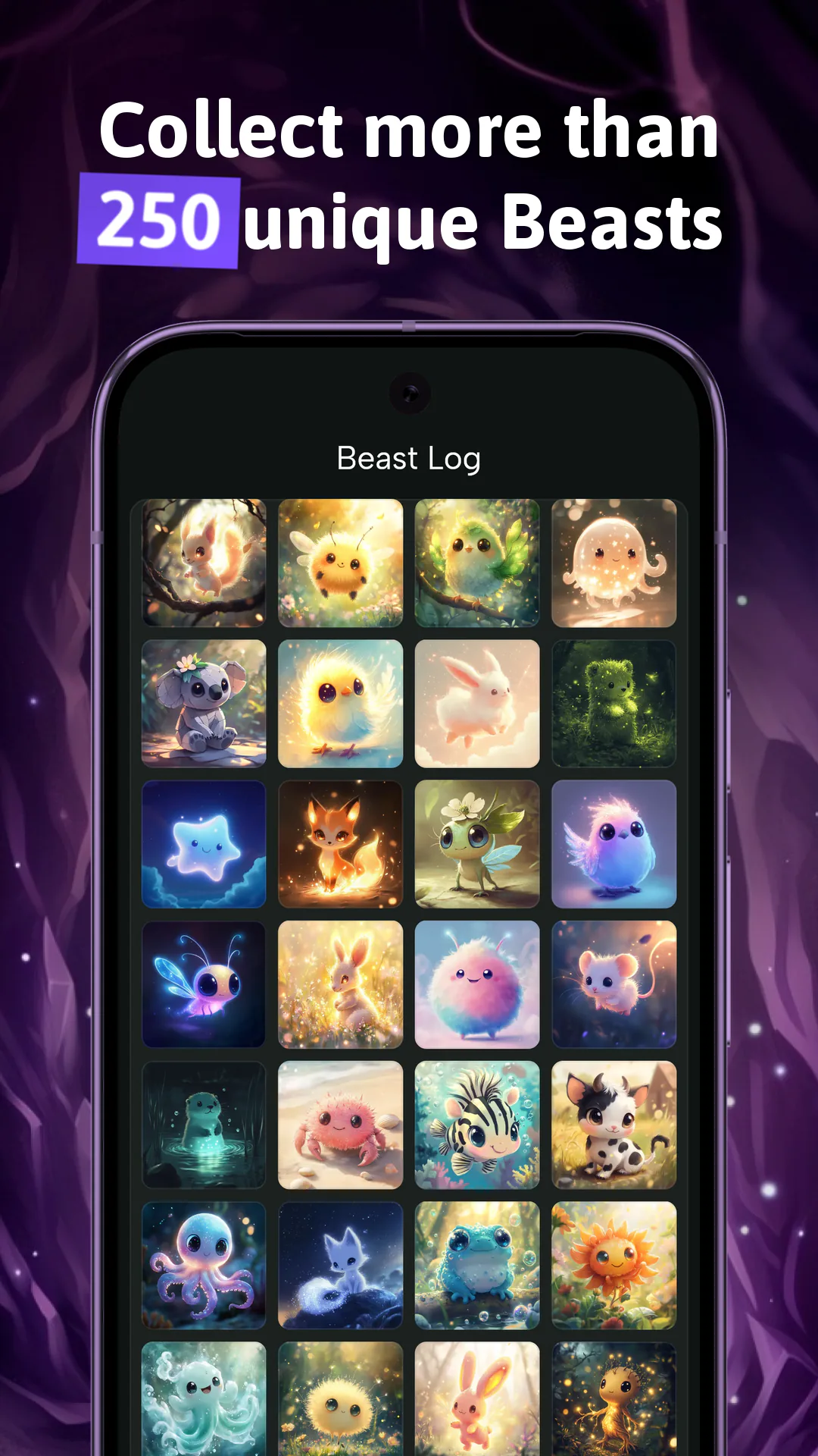 Beast Log under Collect more than 250 unique Beasts, showing a four-column grid of creature portraits