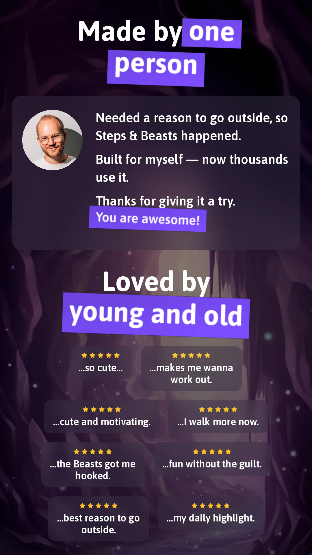 Promotional graphic introducing the solo developer and a two-column grid of five-star reviews under Loved by young and old